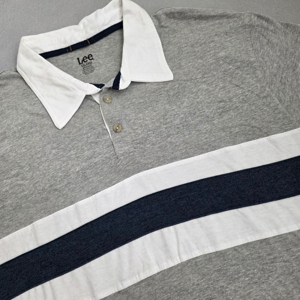 Lee Mens Rugby Polo Shirt XXL Gray Navy White Stripe Short Sleeve Regular Fit